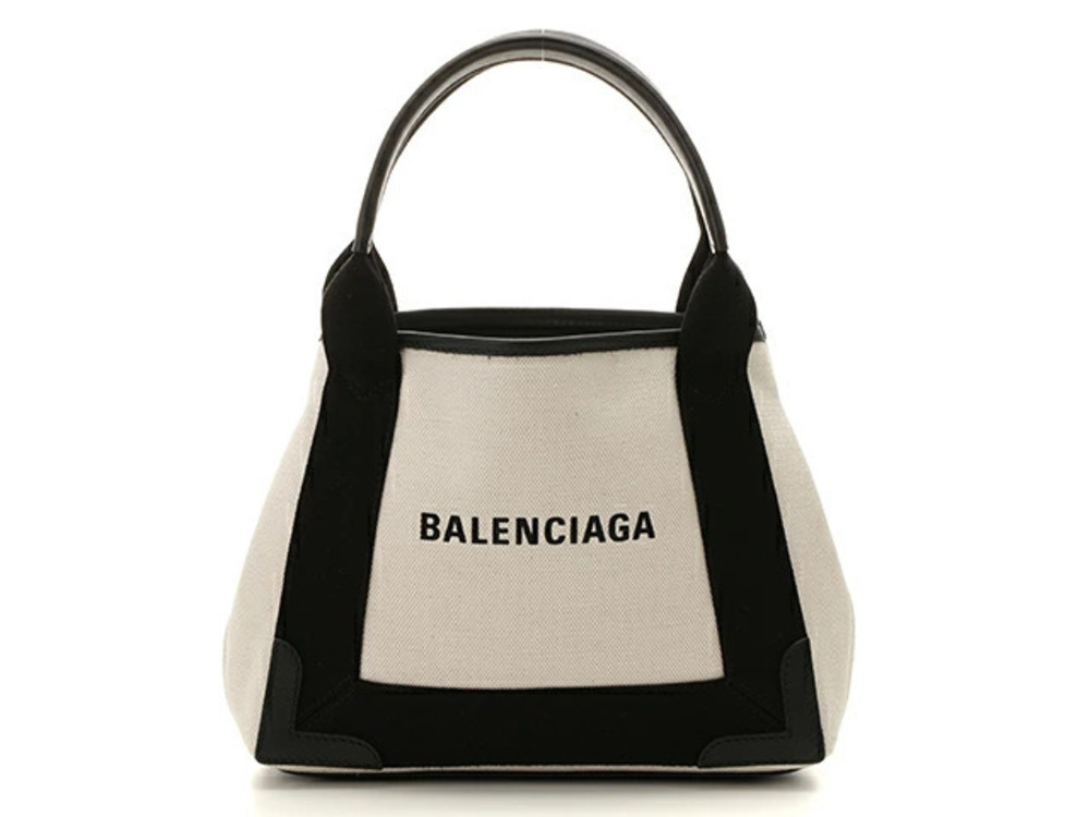 Balenciaga Navy Blue Cabas Tote Bag Black White Canvas Leather